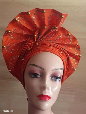 Image of Beautiful Pink Gele Headtie Aso Oke Gele Already Made Auto Gele Aso African Turban Cap With Beads-FrenzyAfricanFashion.com