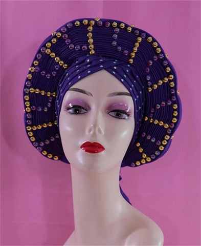 Image of Beautiful Pink Gele Headtie Aso Oke Gele Already Made Auto Gele Aso African Turban Cap With Beads-FrenzyAfricanFashion.com