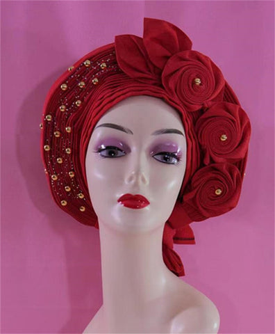 Image of Beautiful Pink Gele Headtie Aso Oke Gele Already Made Auto Gele Aso African Turban Cap With Beads-FrenzyAfricanFashion.com