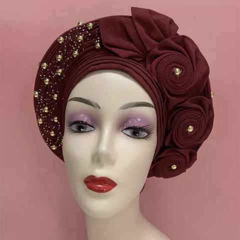 Image of Sego Gele Headtie Nigerian Headwear With Stone Beads Auto Turban Wide Trim-FrenzyAfricanFashion.com