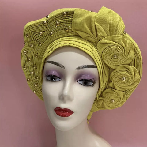 Image of Sego Gele Headtie Nigerian Headwear With Stone Beads Auto Turban Wide Trim-FrenzyAfricanFashion.com