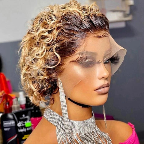 Image of Pixie Cut Wig 99J Deep Wave Lace Wig Afro Curly Short Bob Human Hair-FrenzyAfricanFashion.com