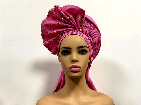 Image of Sego Gele Headtie Nigerian Headwear With Stone Beads Auto Turban Wide Trim-FrenzyAfricanFashion.com