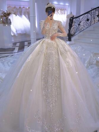 Image of Luxury White Wedding Dresses Long Sleeves V-Neck Lace Beaded Pearls Backless Sweep Train Appliques Lace Wedding Bridal Gown 2022-FrenzyAfricanFashion.com