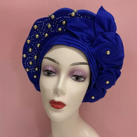 Image of Sego Gele Headtie Nigerian Headwear With Stone Beads Auto Turban Wide Trim-FrenzyAfricanFashion.com