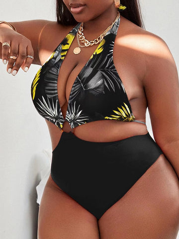 Image of Halter Plus Size V Neck Push Up Bikini Swimsuits Bathing Suit With Mesh Sarong Skirt Swim dress-FrenzyAfricanFashion.com