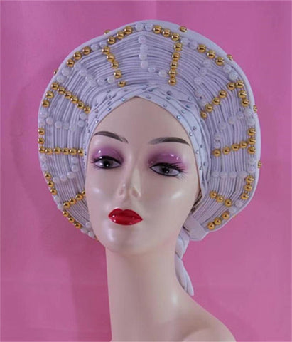 Image of Beautiful Pink Gele Headtie Aso Oke Gele Already Made Auto Gele Aso African Turban Cap With Beads-FrenzyAfricanFashion.com