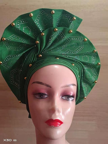 Image of Beautiful Pink Gele Headtie Aso Oke Gele Already Made Auto Gele Aso African Turban Cap With Beads-FrenzyAfricanFashion.com