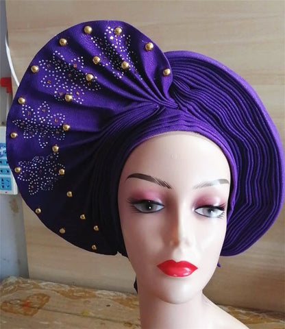 Image of nigerian aso oke with beads women turban shawl african headties-FrenzyAfricanFashion.com