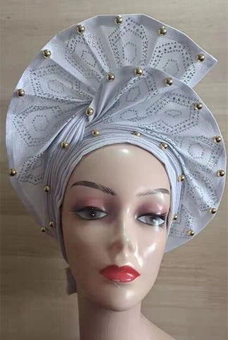 Image of Beautiful Pink Gele Headtie Aso Oke Gele Already Made Auto Gele Aso African Turban Cap With Beads-FrenzyAfricanFashion.com