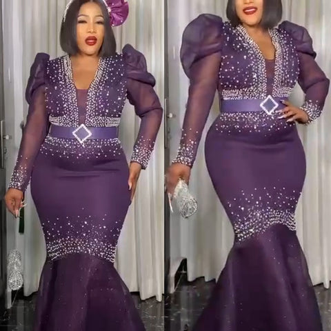 Image of Mermaid Dress Women Plus Size Puff Sleeve-FrenzyAfricanFashion.com