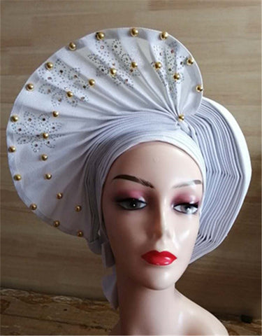 Image of Beautiful Pink Gele Headtie Aso Oke Gele Already Made Auto Gele Aso African Turban Cap With Beads-FrenzyAfricanFashion.com