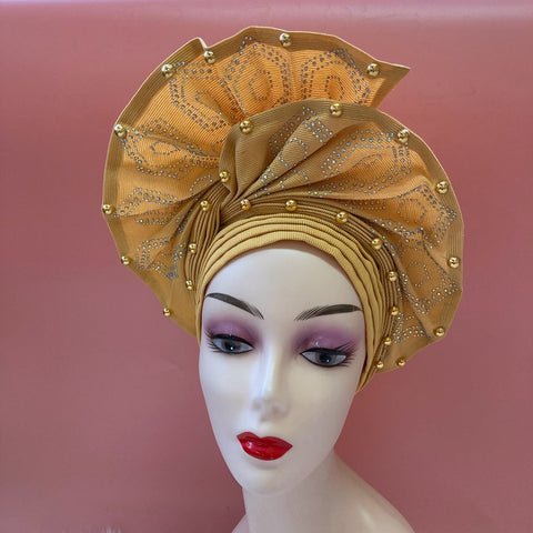Image of Sego Gele Headtie Nigerian Headwear With Stone Beads Auto Turban Wide Trim-FrenzyAfricanFashion.com
