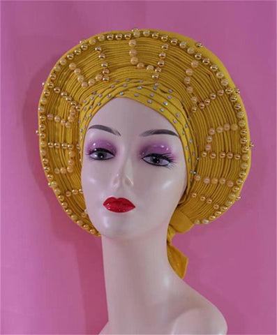 Image of Beautiful Pink Gele Headtie Aso Oke Gele Already Made Auto Gele Aso African Turban Cap With Beads-FrenzyAfricanFashion.com