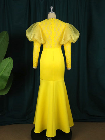 Image of Yellow Lace Evening Party Dresses Women Puff Big Long Sleeve-FrenzyAfricanFashion.com