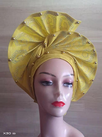 Image of Beautiful Pink Gele Headtie Aso Oke Gele Already Made Auto Gele Aso African Turban Cap With Beads-FrenzyAfricanFashion.com