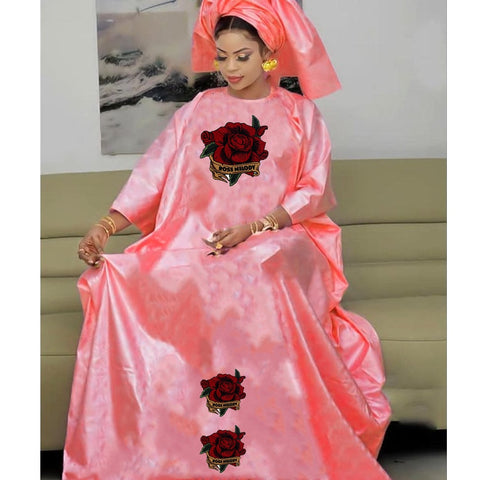 Image of Bazin Dresses With Headscarf Women African Traditional Evening Gowns-FrenzyAfricanFashion.com