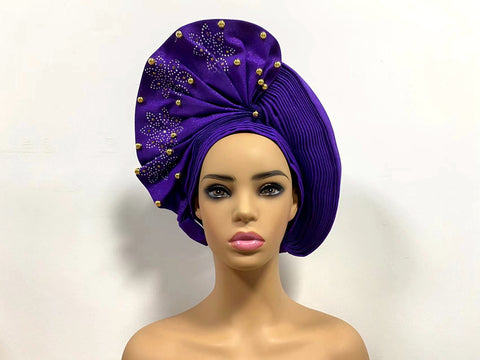 Image of Sego Gele Headtie Nigerian Headwear With Stone Beads Auto Turban Wide Trim-FrenzyAfricanFashion.com