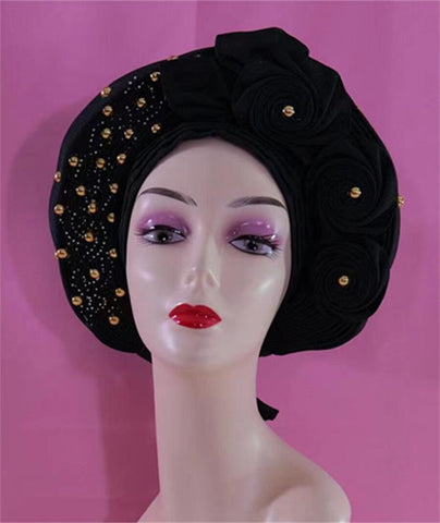 Image of Beautiful Pink Gele Headtie Aso Oke Gele Already Made Auto Gele Aso African Turban Cap With Beads-FrenzyAfricanFashion.com