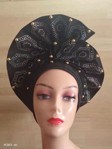 Image of Beautiful Pink Gele Headtie Aso Oke Gele Already Made Auto Gele Aso African Turban Cap With Beads-FrenzyAfricanFashion.com