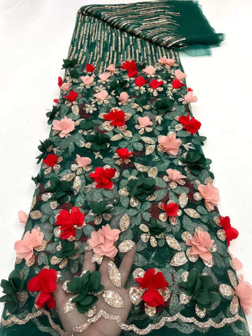 Image of Sequins Applique Fashion 3D Flower Embroidery French Tulle Fabric-FrenzyAfricanFashion.com