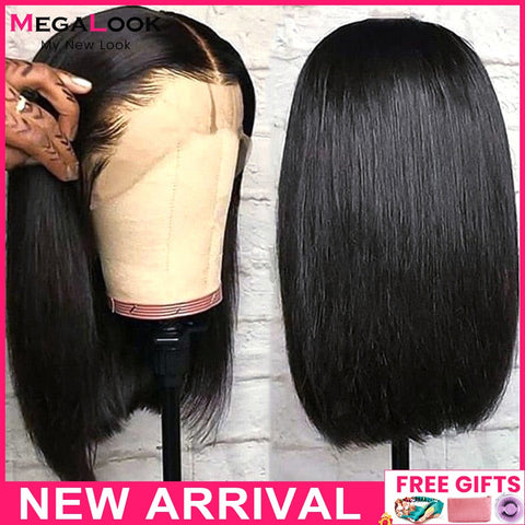Image of MEGALOOK Short Bob Wig Human Hair Wigs For Women Transparent Lace Wig Pre Plucked Virgin T Part Bob Lace Human Hair Wigs 180%-FrenzyAfricanFashion.com