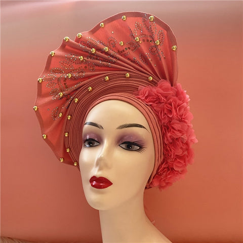 Image of nigerian aso oke with beads women turban shawl african headties-FrenzyAfricanFashion.com