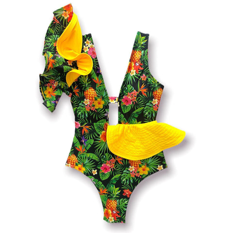 Image of Floral Printed Deep V-neck Ruffle Swimsuit Push Up One Piece Backless Monokini-FrenzyAfricanFashion.com