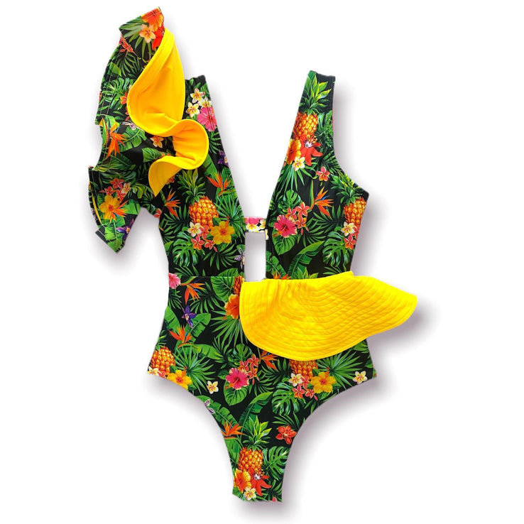 Floral Printed Deep V-neck Ruffle Swimsuit Push Up One Piece Backless Monokini-FrenzyAfricanFashion.com