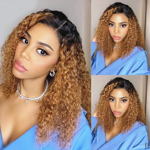 Image of Lace Front Wig Curly Human Hair Women Brown Remy Brazilian 13X1 Wave-FrenzyAfricanFashion.com