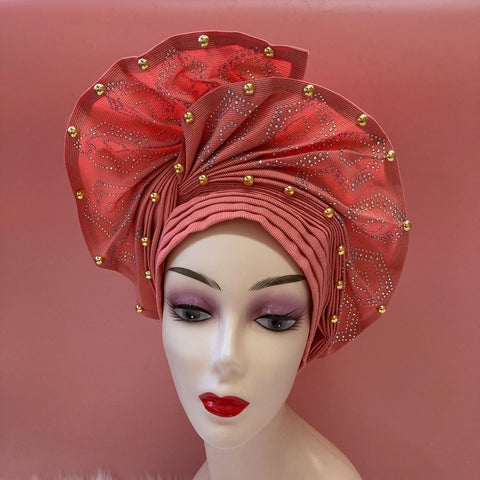 Image of Sego Gele Headtie Nigerian Headwear With Stone Beads Auto Turban Wide Trim-FrenzyAfricanFashion.com