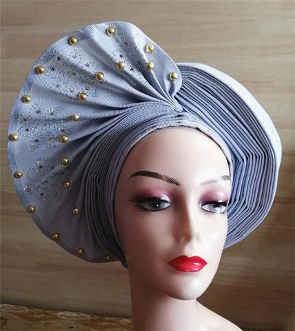 Image of nigerian aso oke with beads women turban shawl african headties-FrenzyAfricanFashion.com