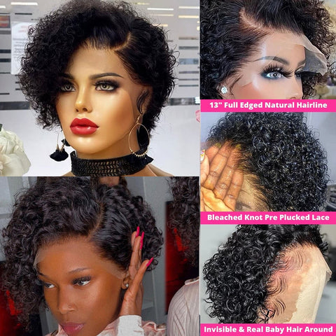 Image of Short Bob Wig Pixie Cut Wig Curly Human Hair Wigs For Women 13x1 Lace Front Transparent Deep Wave Lace Wig Preplucked Hairline-FrenzyAfricanFashion.com