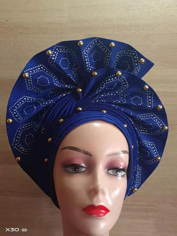 Image of Beautiful Pink Gele Headtie Aso Oke Gele Already Made Auto Gele Aso African Turban Cap With Beads-FrenzyAfricanFashion.com