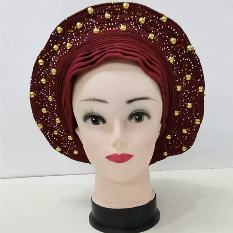 Image of Sego Gele Headtie Nigerian Headwear With Stone Beads Auto Turban Wide Trim-FrenzyAfricanFashion.com