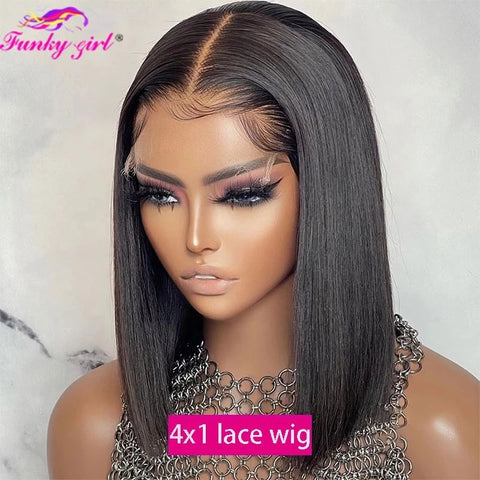 Image of Short Bob T Part Lace Front Wig Human Hair Wigs For Women Brazilian Straight Bob 4X1 13X1 Lace Human Hair Wigs 8-16Inch Lace Wig-FrenzyAfricanFashion.com