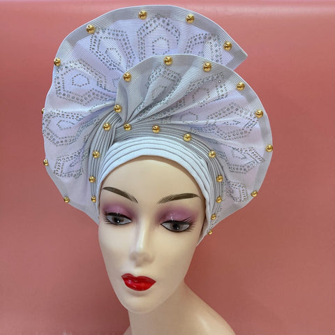 Image of Sego Gele Headtie Nigerian Headwear With Stone Beads Auto Turban Wide Trim-FrenzyAfricanFashion.com