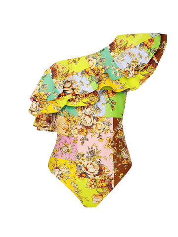 Image of Swimsuit with Skirt Gold Asymmetrical Bathing Suit Summer Surf Wear-FrenzyAfricanFashion.com