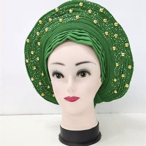Image of Sego Gele Headtie Nigerian Headwear With Stone Beads Auto Turban Wide Trim-FrenzyAfricanFashion.com