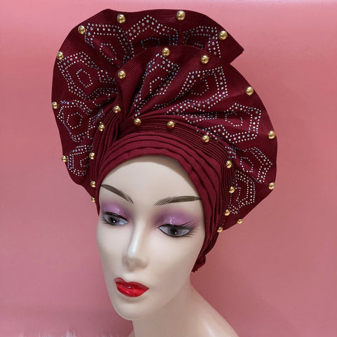Image of Sego Gele Headtie Nigerian Headwear With Stone Beads Auto Turban Wide Trim-FrenzyAfricanFashion.com