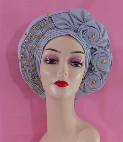 Image of Beautiful Pink Gele Headtie Aso Oke Gele Already Made Auto Gele Aso African Turban Cap With Beads-FrenzyAfricanFashion.com