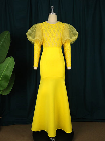 Image of Yellow Lace Evening Party Dresses Women Puff Big Long Sleeve-FrenzyAfricanFashion.com