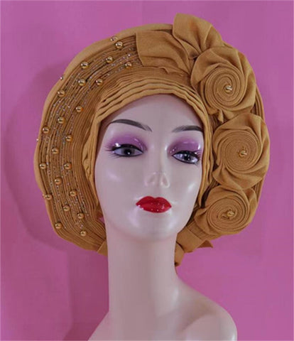 Image of Beautiful Pink Gele Headtie Aso Oke Gele Already Made Auto Gele Aso African Turban Cap With Beads-FrenzyAfricanFashion.com