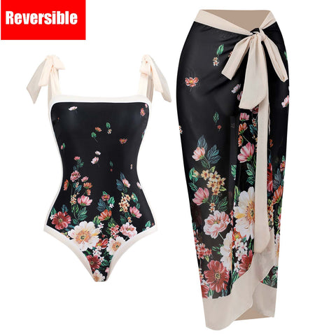 Image of One Piece Swimsuit Floral Print Beach Bathing Suit Set-FrenzyAfricanFashion.com