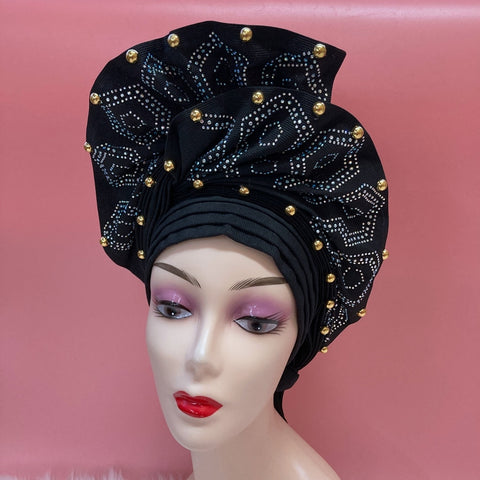 Image of Sego Gele Headtie Nigerian Headwear With Stone Beads Auto Turban Wide Trim-FrenzyAfricanFashion.com