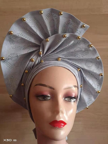 Image of Beautiful Pink Gele Headtie Aso Oke Gele Already Made Auto Gele Aso African Turban Cap With Beads-FrenzyAfricanFashion.com