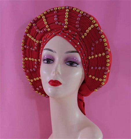 Image of Beautiful Pink Gele Headtie Aso Oke Gele Already Made Auto Gele Aso African Turban Cap With Beads-FrenzyAfricanFashion.com