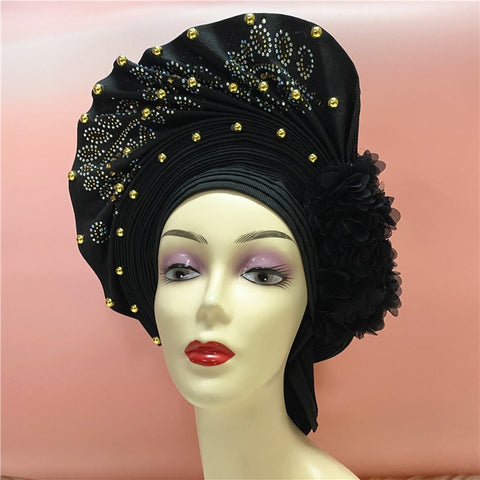 Image of nigerian aso oke with beads women turban shawl african headties-FrenzyAfricanFashion.com