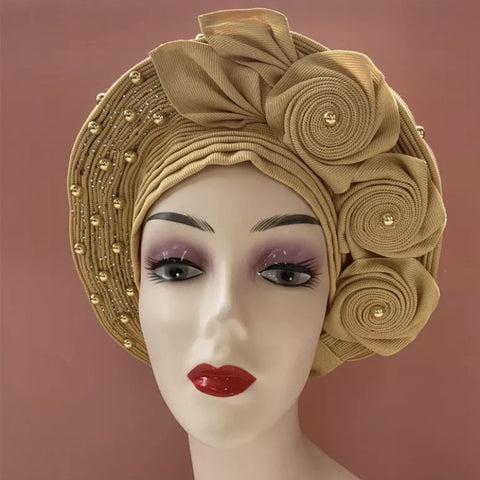 Image of Sego Gele Headtie Nigerian Headwear With Stone Beads Auto Turban Wide Trim-FrenzyAfricanFashion.com