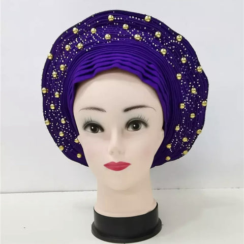 Image of Sego Gele Headtie Nigerian Headwear With Stone Beads Auto Turban Wide Trim-FrenzyAfricanFashion.com